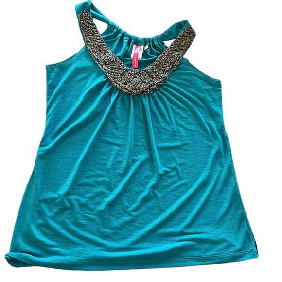 HEART SOUL Teal Tank Top Embellished Beaded Mesh Scoop Neck Sleeveless Small EUC - Picture 3 of 8